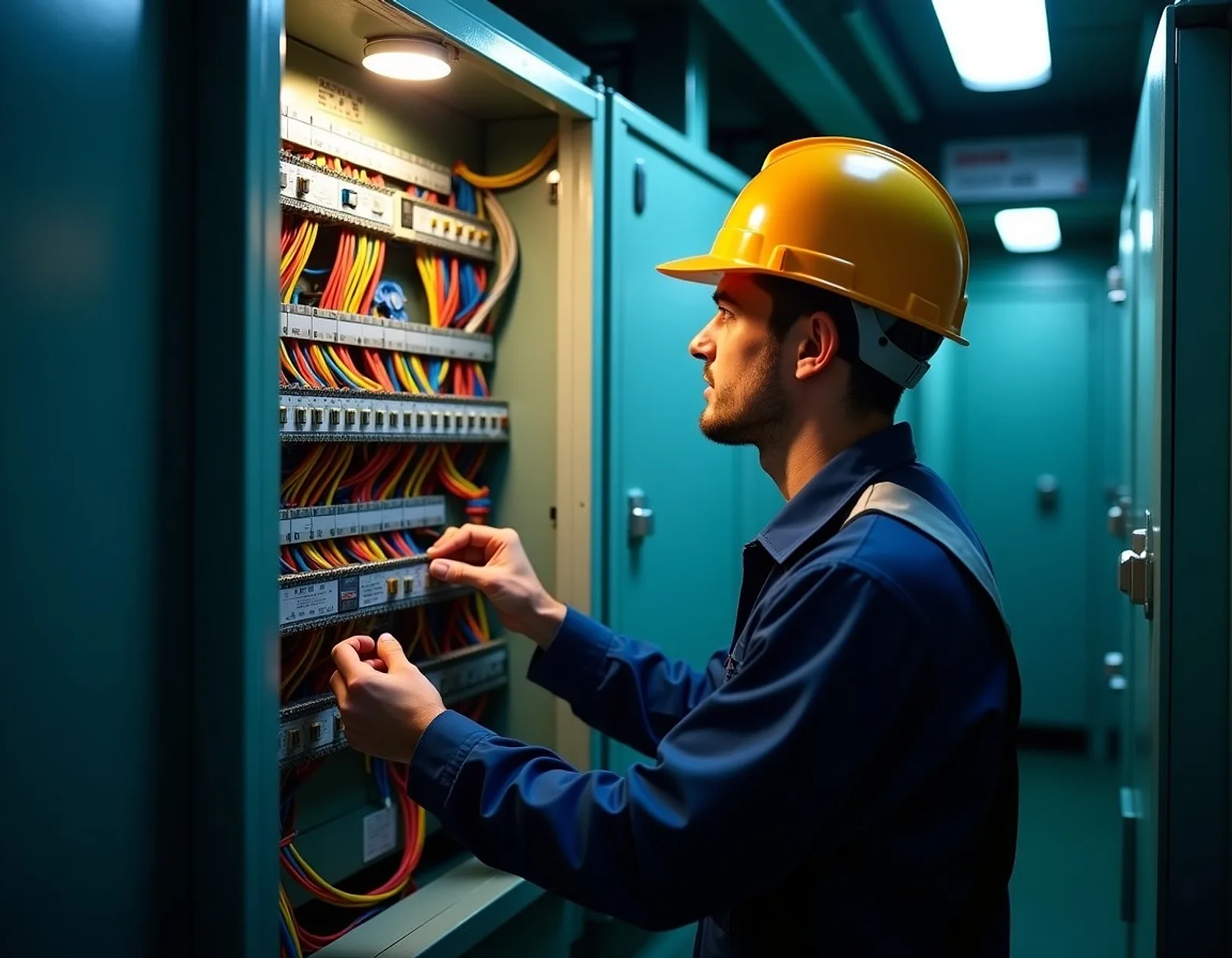 Ship electrician working on an open switchboard cabinet with colour-coded cables