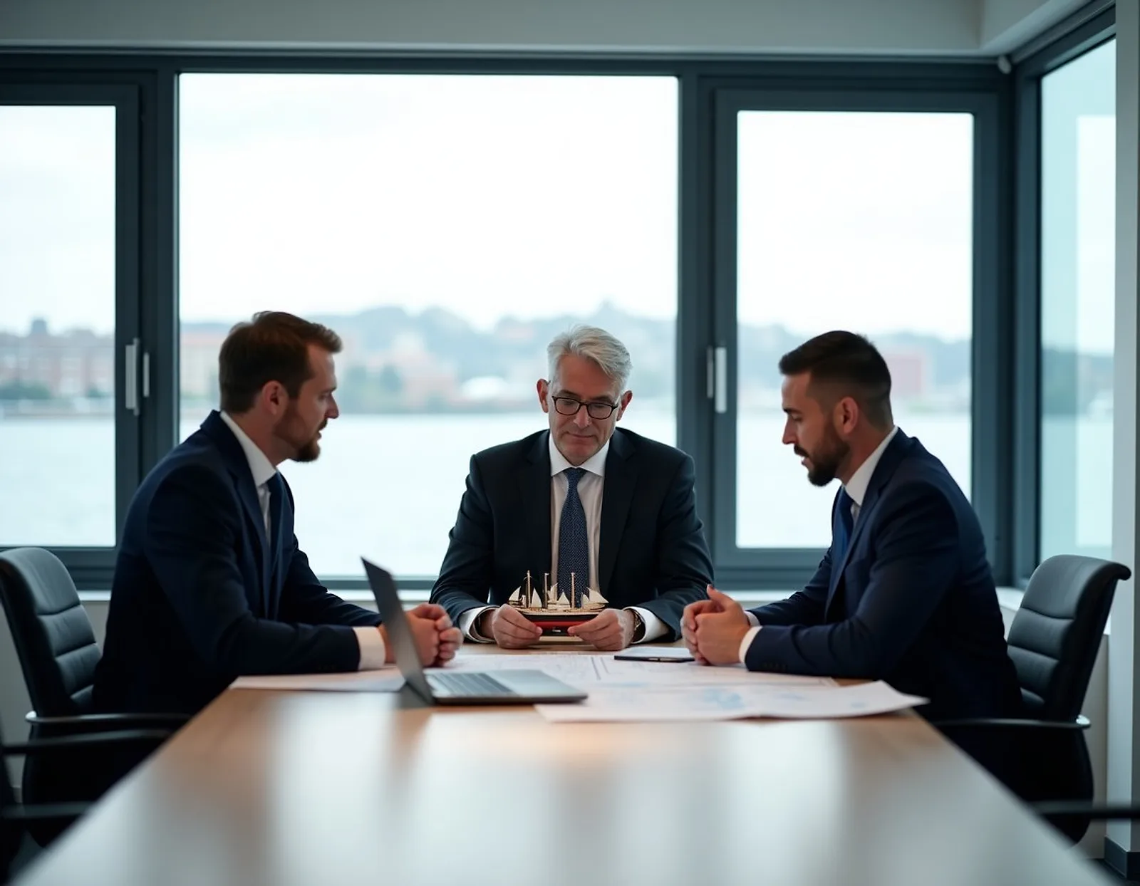 Ship owner and two ship managers in a bright meeting room with a ship model and charts