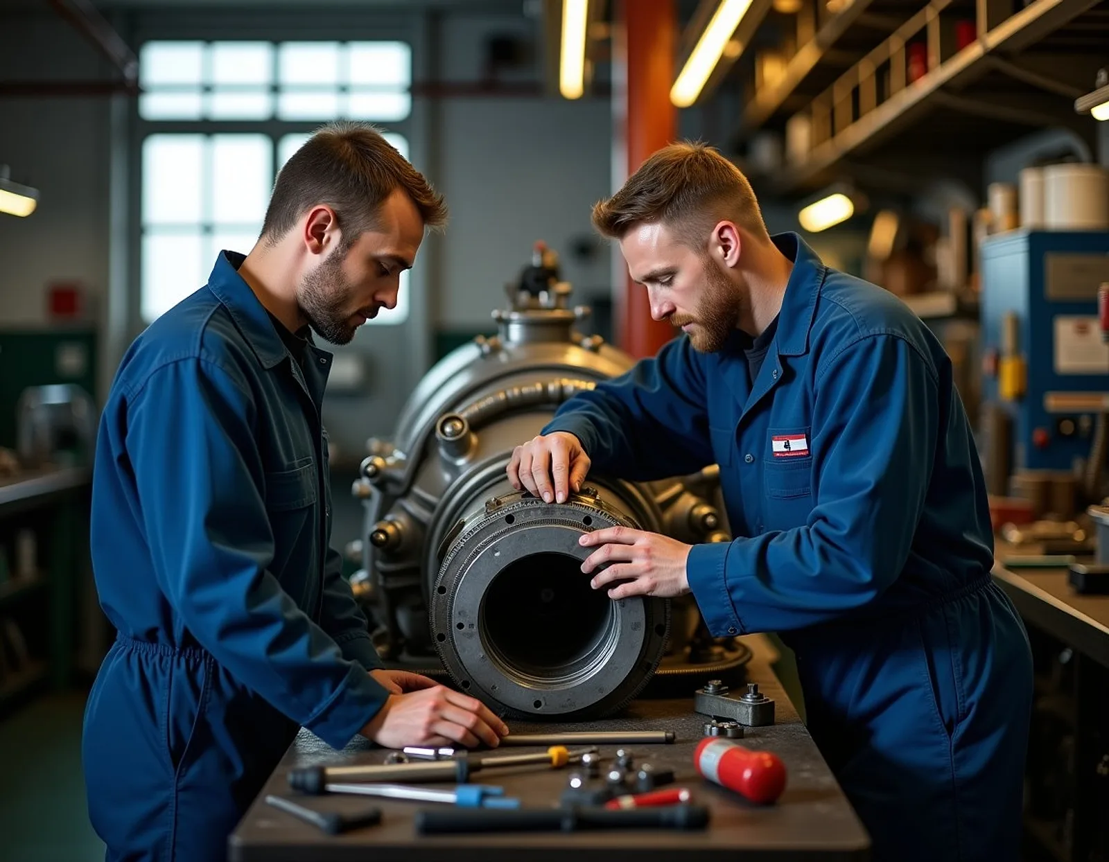 Two marine engineers overhauling a ship engine cylinder head on a workshop bench