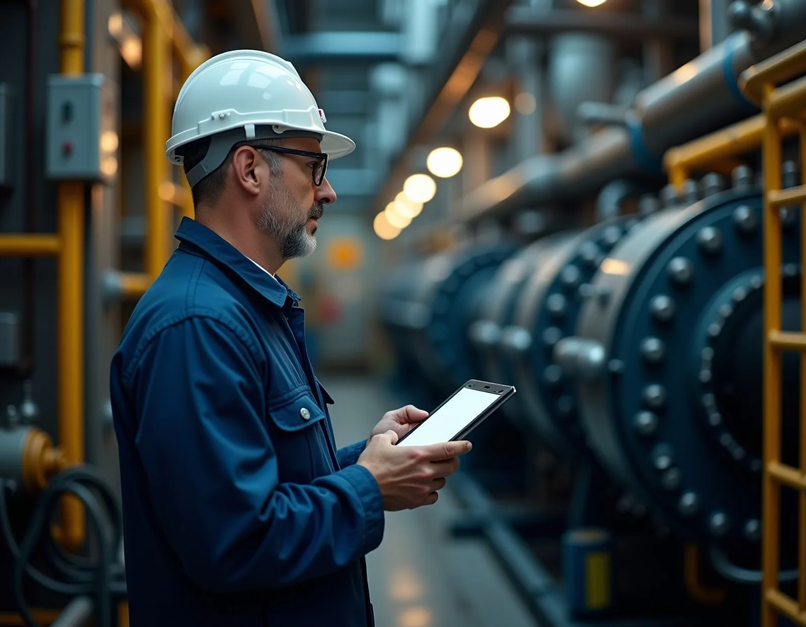 Marine superintendent in a white hard hat inspecting a main engine with a tablet